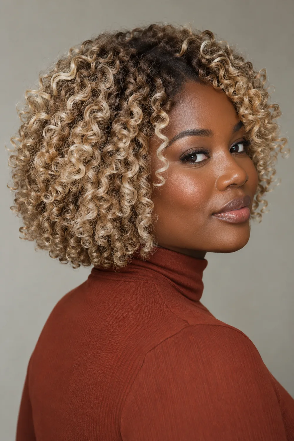 Adult Black woman in a rust high-neck top with a rounded curly lob, shaded roots, beige blonde interior curls, and pale champagne highlights along the outer curls.