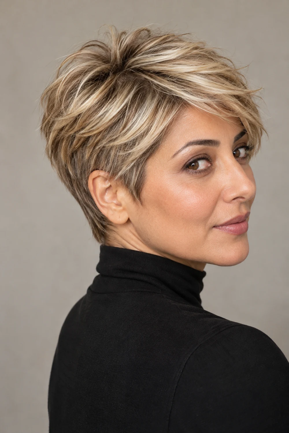 A woman in a black high-neck top wears a textured pixie with sandy shadow roots, champagne blonde highlights across the top, and deeper beige sides.