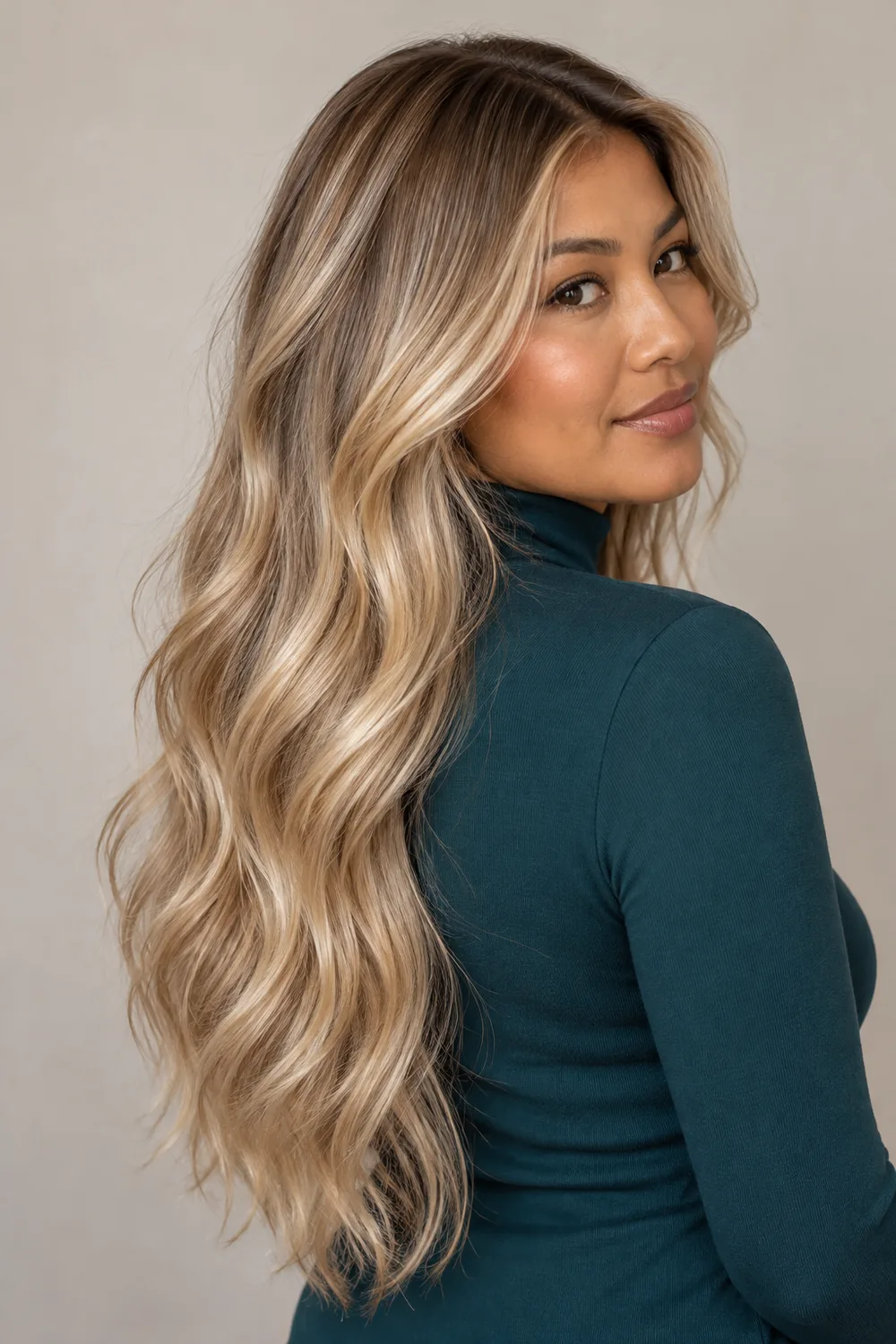 An adult woman with long, wavy champagne blonde hair, a deeper beige root, and broad light balayage ribbons, wearing a teal high-neck top.