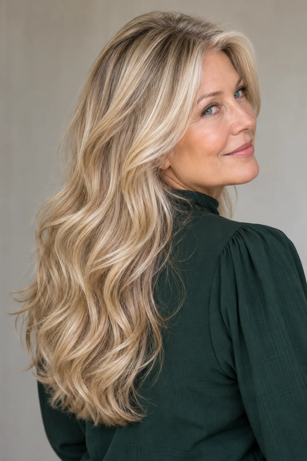 A woman in a dark green high-neck blouse looks over her shoulder, showing long, softly waved champagne blonde hair with beige roots and pale pearly highlights.