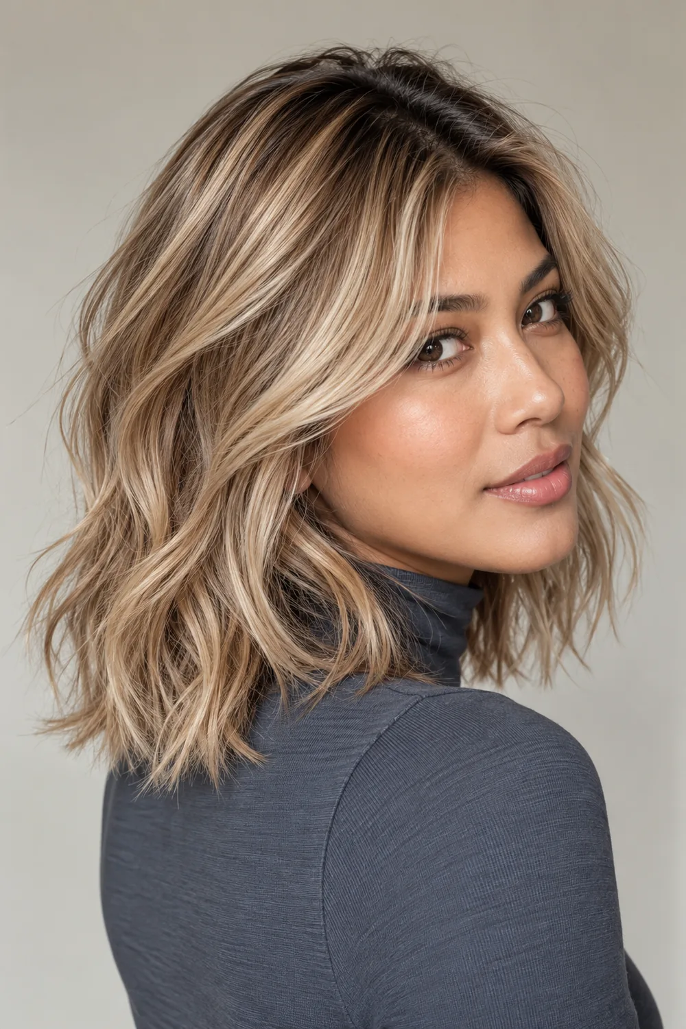 Three-quarter portrait of an adult woman with a tousled shoulder-length shag, broad champagne blonde ribbons, beige blonde depth, and a slate high-neck top.