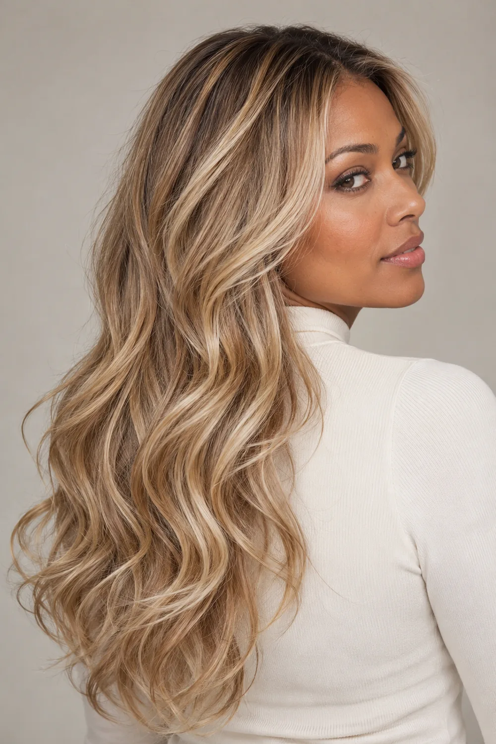 A woman in an ivory high-neck top looks over her shoulder, showing long, layered champagne blonde waves with deeper beige roots and pale golden highlights.