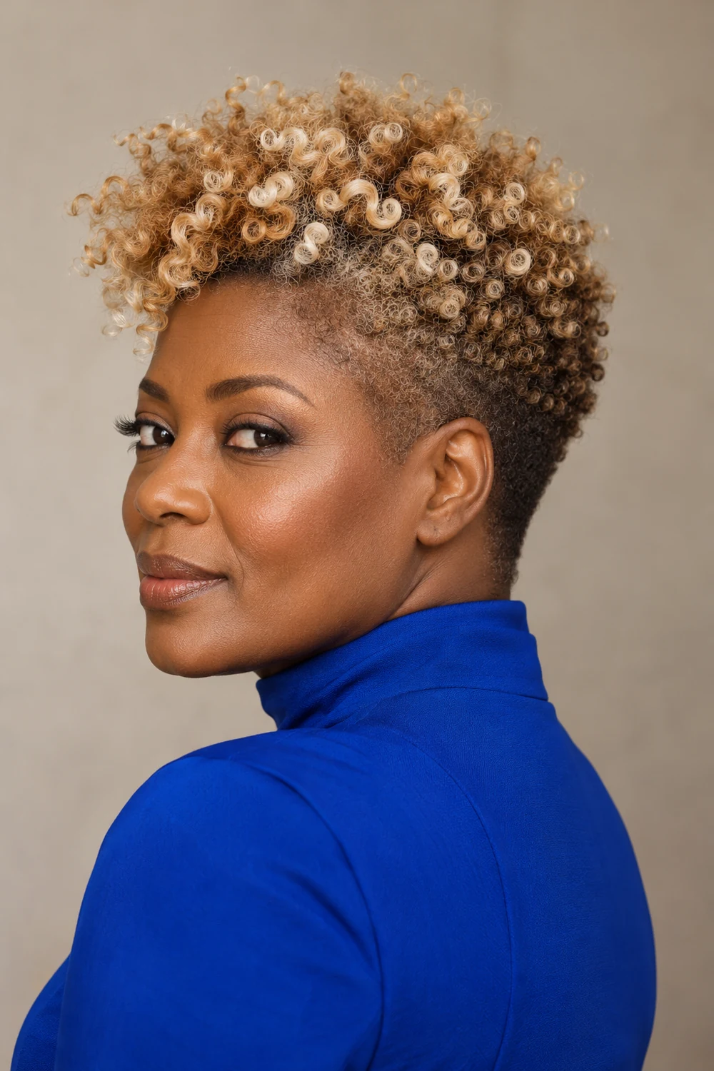 Adult woman with a coily tapered cut, beige blonde sides and champagne-gold accented top coils, wearing a cobalt high-neck top.