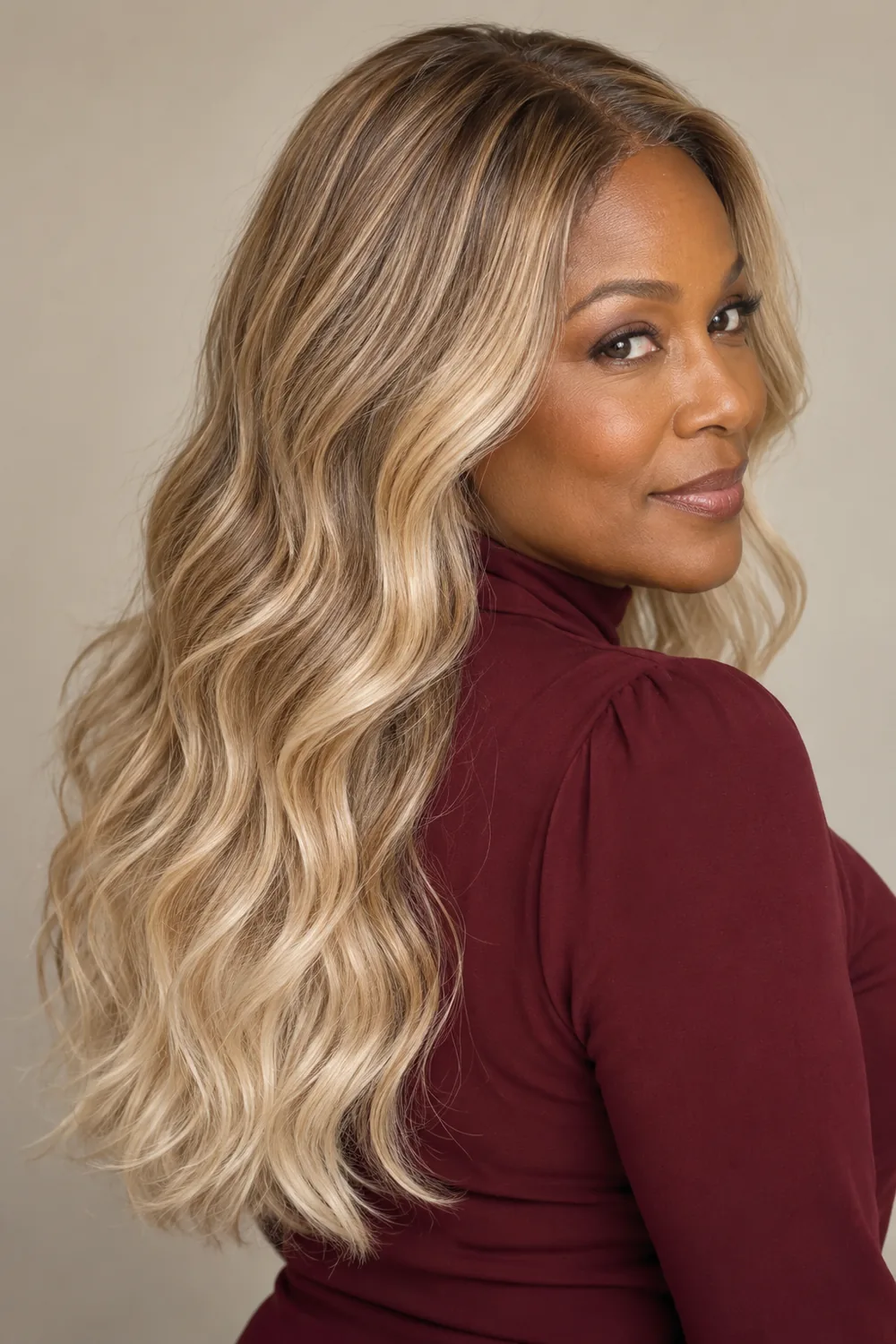A Black woman in a burgundy high-neck blouse with long, loose beige blonde waves that gradually brighten to champagne ends.