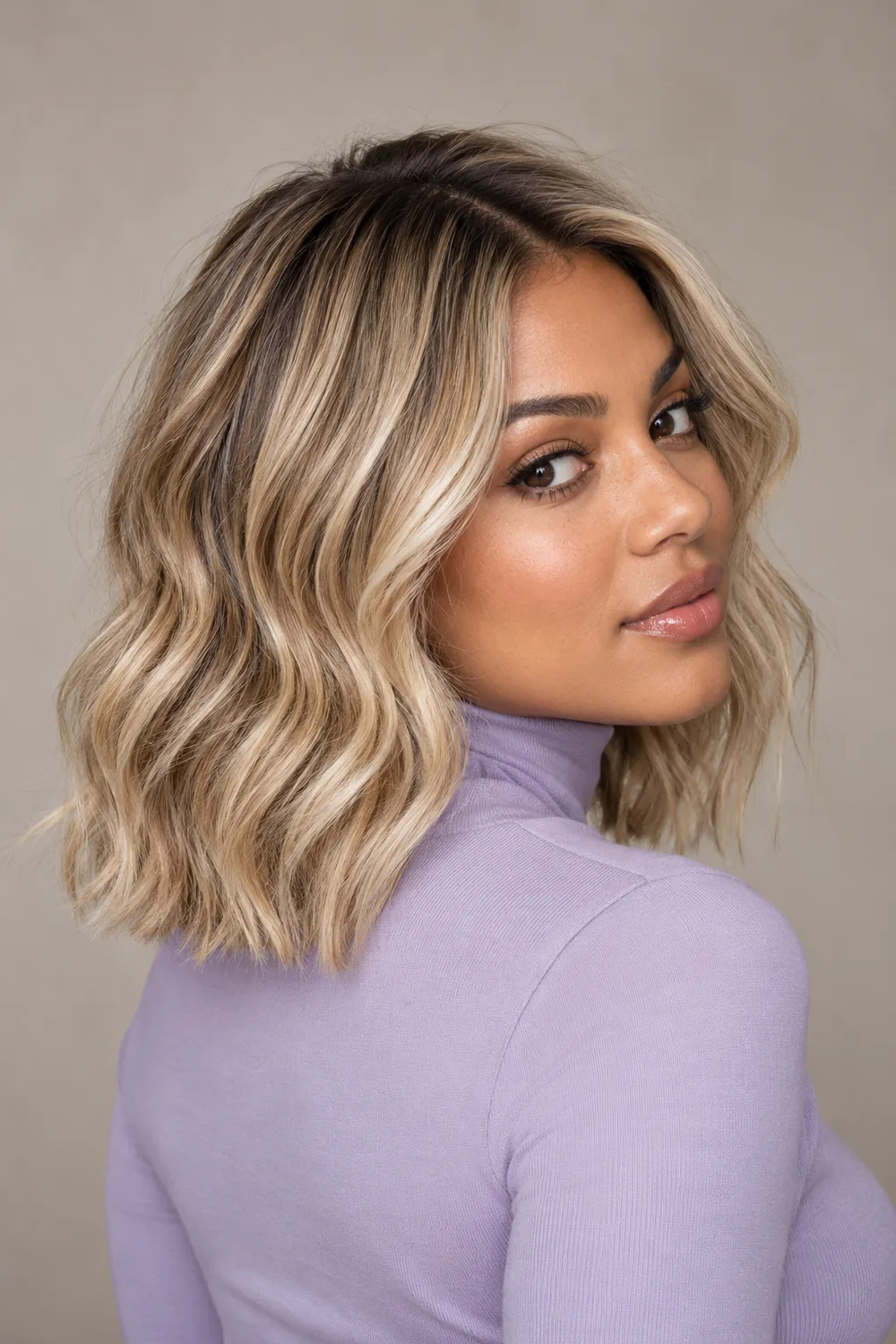 Adult woman in a lavender high-neck top, shown in three-quarter view with a wavy beige champagne blonde lob and fine pale highlights.