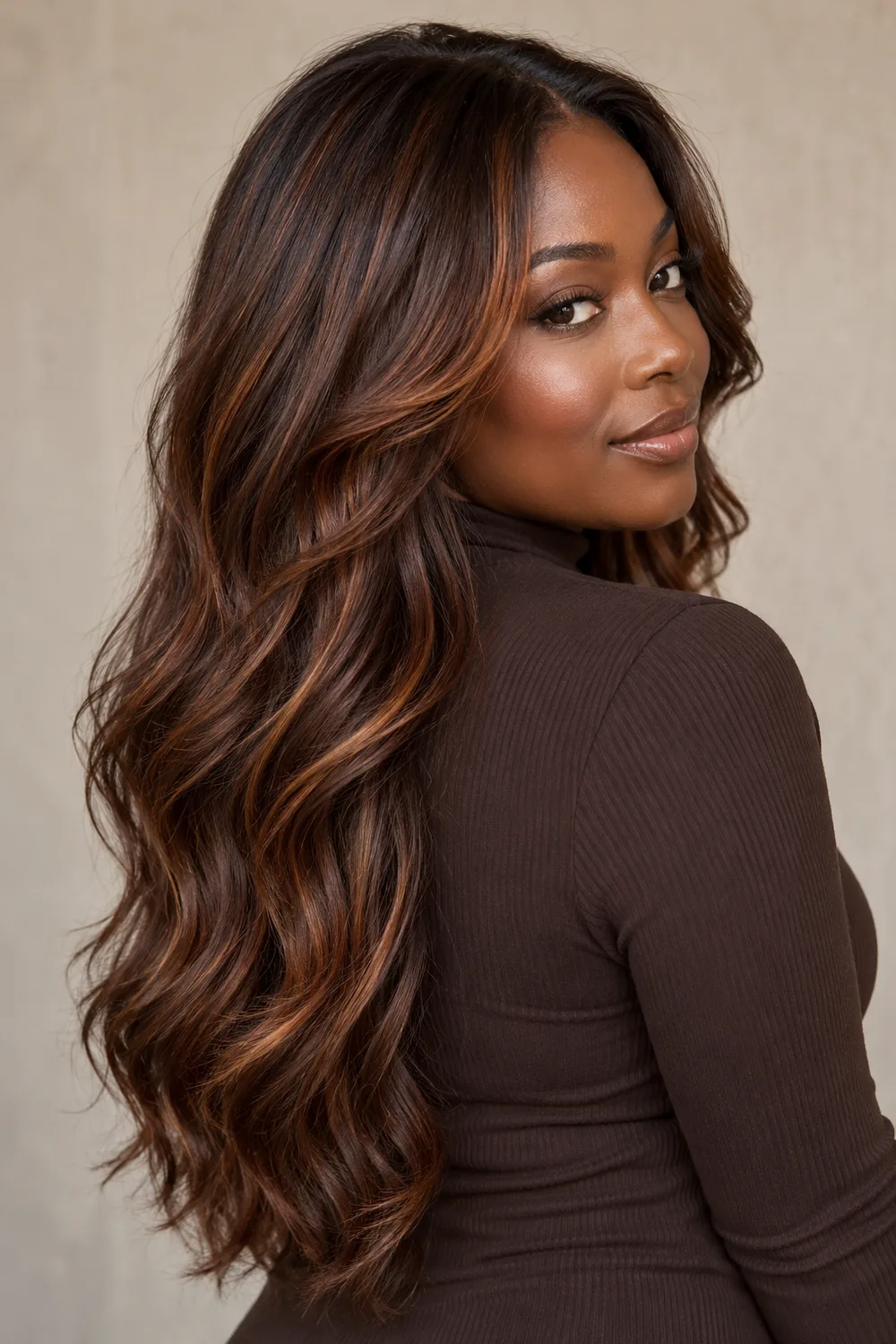 A Black woman with long, loose chestnut brown waves and fine red-gold highlights framing her face and running through the lengths.