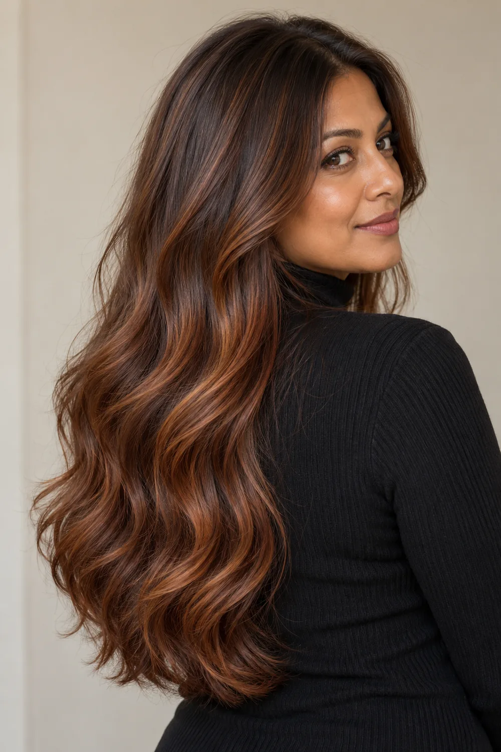 Long layered chestnut brunette hair with warm red-gold balayage ribbons that brighten toward the ends, shown in a three-quarter portrait.