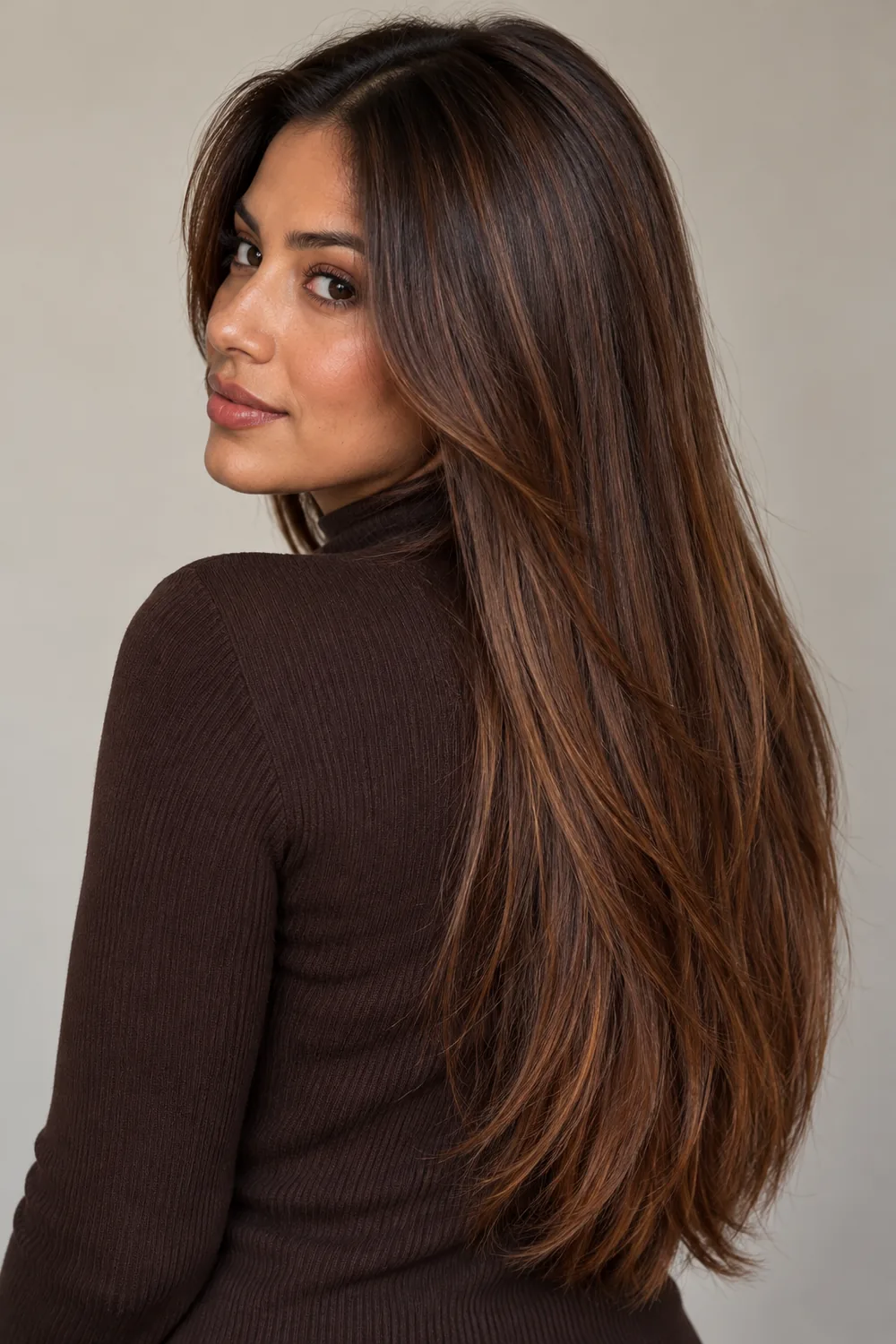 Long, straight chestnut brown hair with a deep root, fine warm highlights, and softly brighter ends, shown over one shoulder.