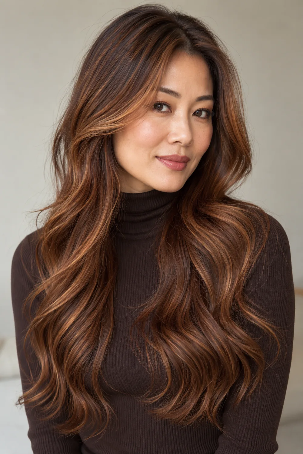 Long, softly waved chestnut brown hair with broad red-gold face-framing pieces and finer highlights throughout, shown on an adult East Asian woman.