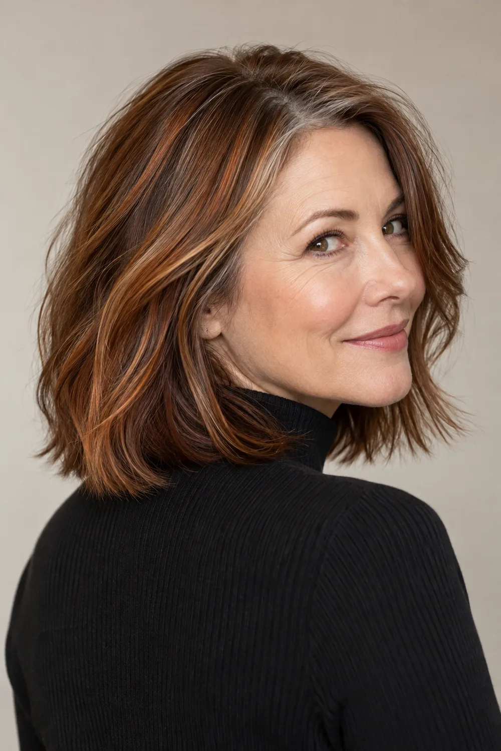 Adult woman with a collarbone-length chestnut brown lob, fine auburn lowlights, red-gold strands, and subtle silver at the temples.