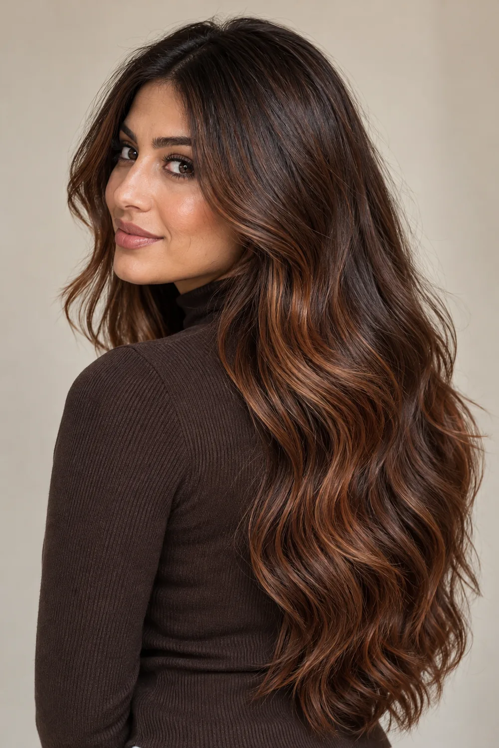 Long, brushed chestnut brown waves with warm red-gold ribbons, shown from a rear three-quarter angle.