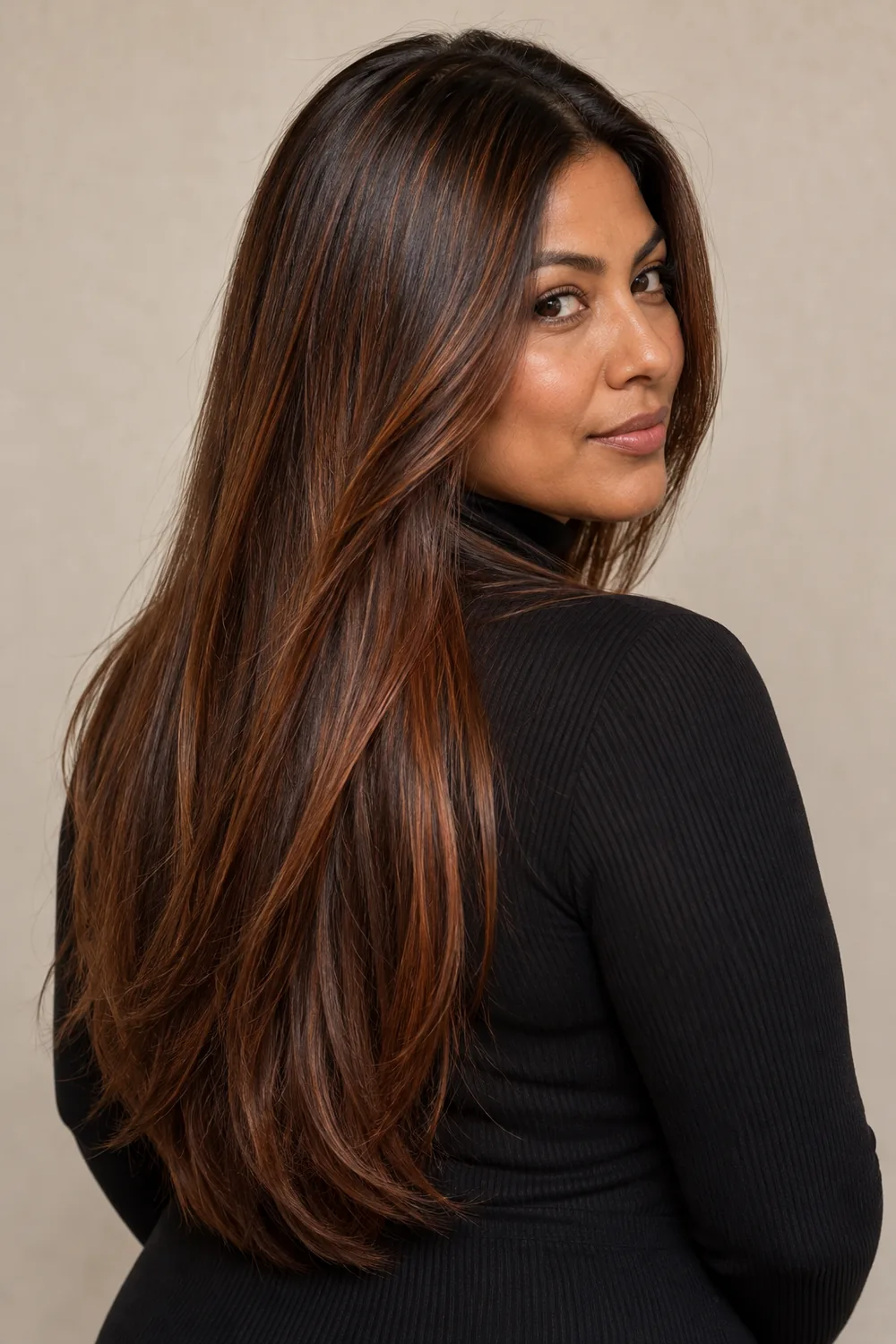 Long, straight chestnut brown hair with deep brunette roots and fine red-gold ribbons through the mid-lengths and ends.