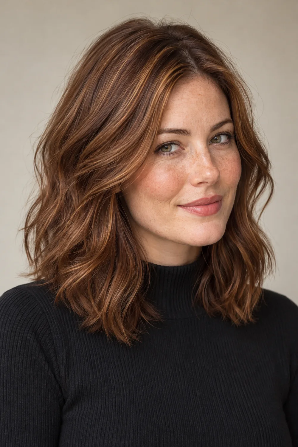 Shoulder-length chestnut brunette waves with fine red-gold babylights and extra brightness near the part and temples.