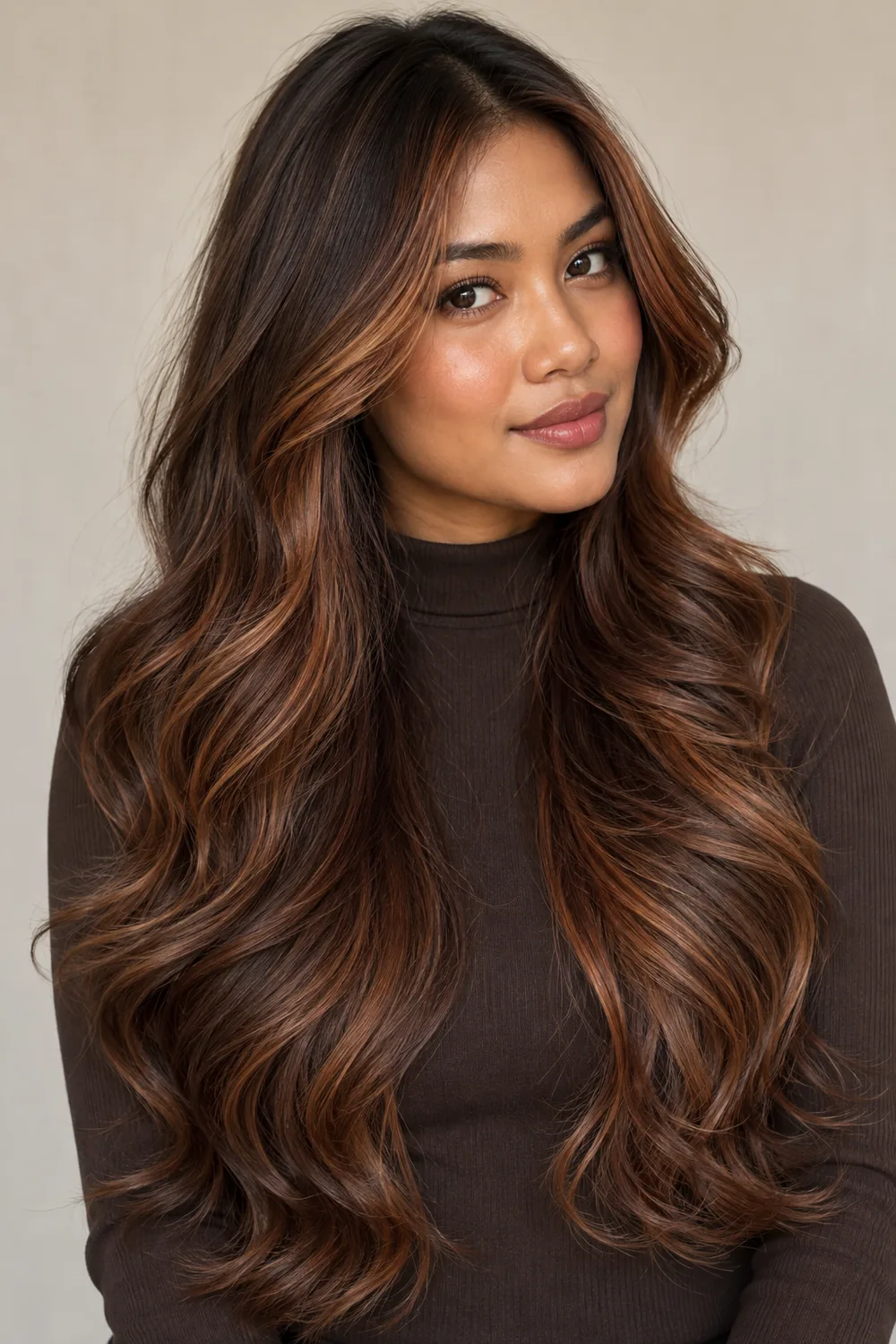 A woman with long chestnut brown curls, deep roots, and red-gold face-framing highlights against a neutral background.