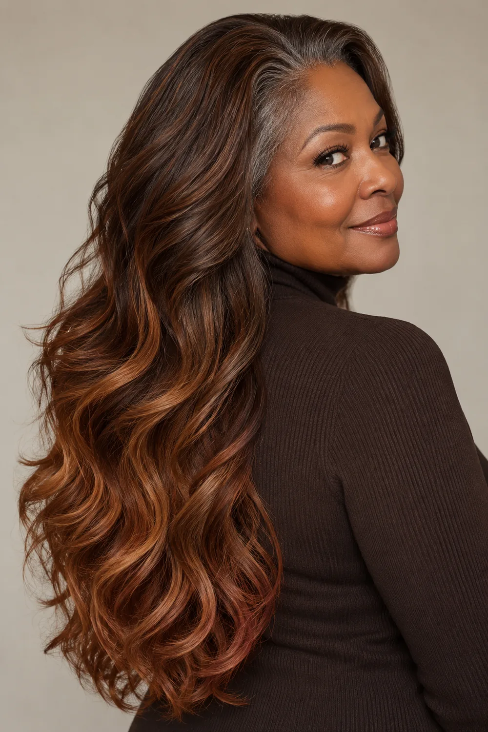 A fictional mature Black woman looks over her shoulder, showing long, large waves that transition from deep chestnut brown to lighter red-gold chestnut, with natural gray strands at the temples.
