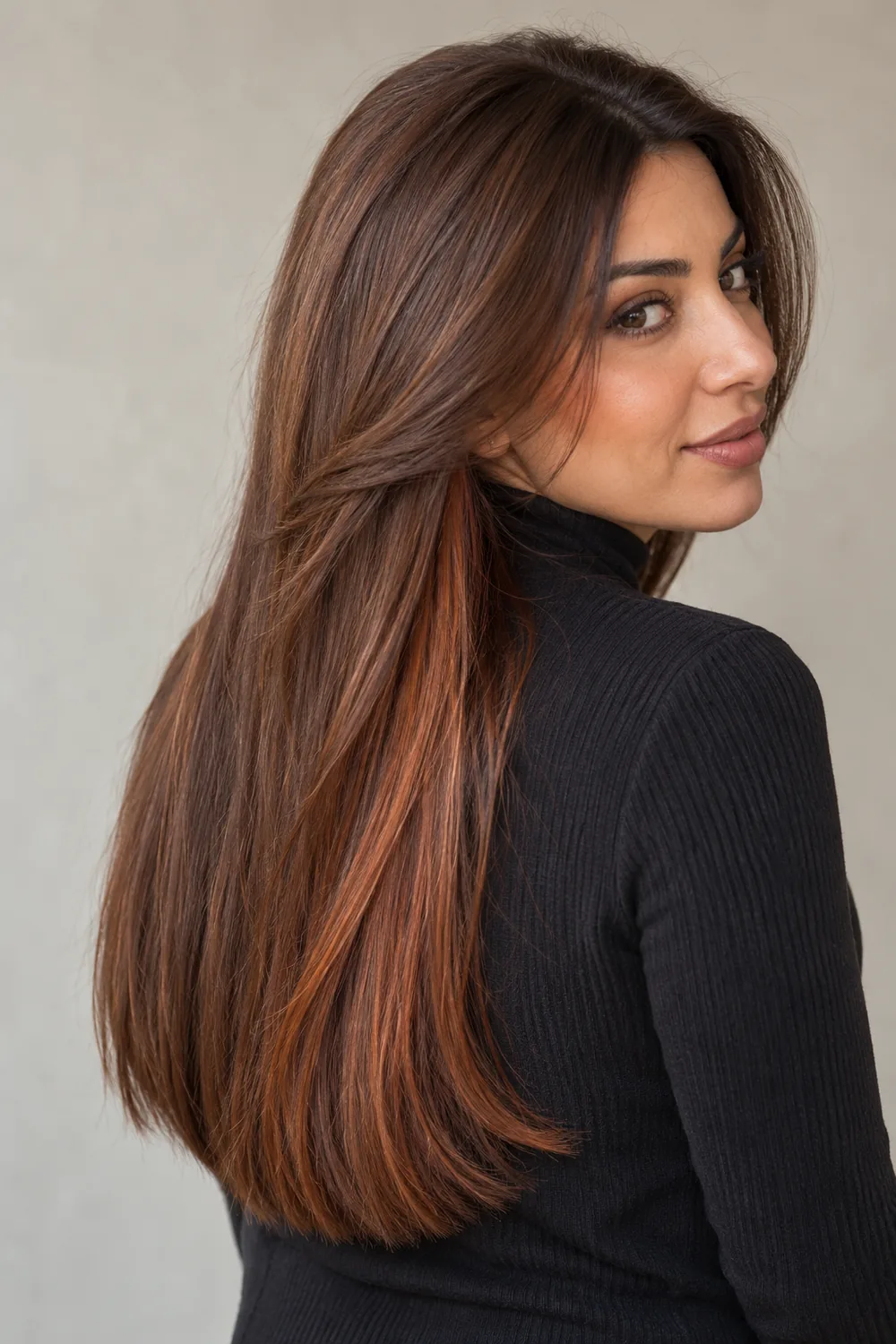 A woman with long chestnut brown hair and visible red-gold underlayer panels, shown from a side-rear angle against a neutral background.