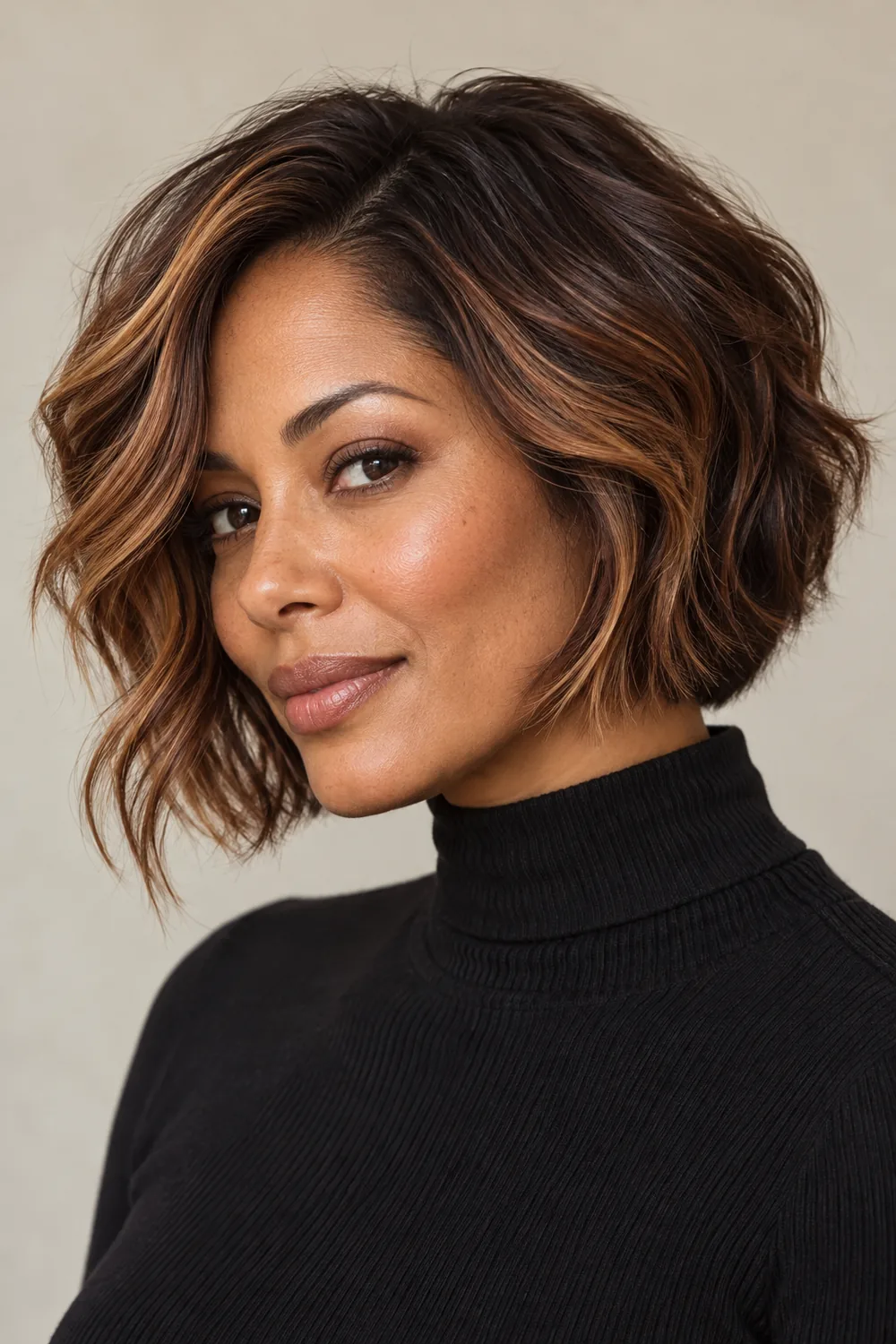 Adult woman with a jaw-length wavy dark chestnut bob and warm golden-copper panels framing the front and sides.