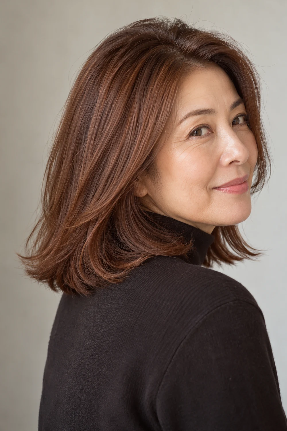 A fictional adult woman with smooth, shoulder-length chestnut brown hair, warm red-gold tones, and softly brighter ends, shown in a rear three-quarter view.