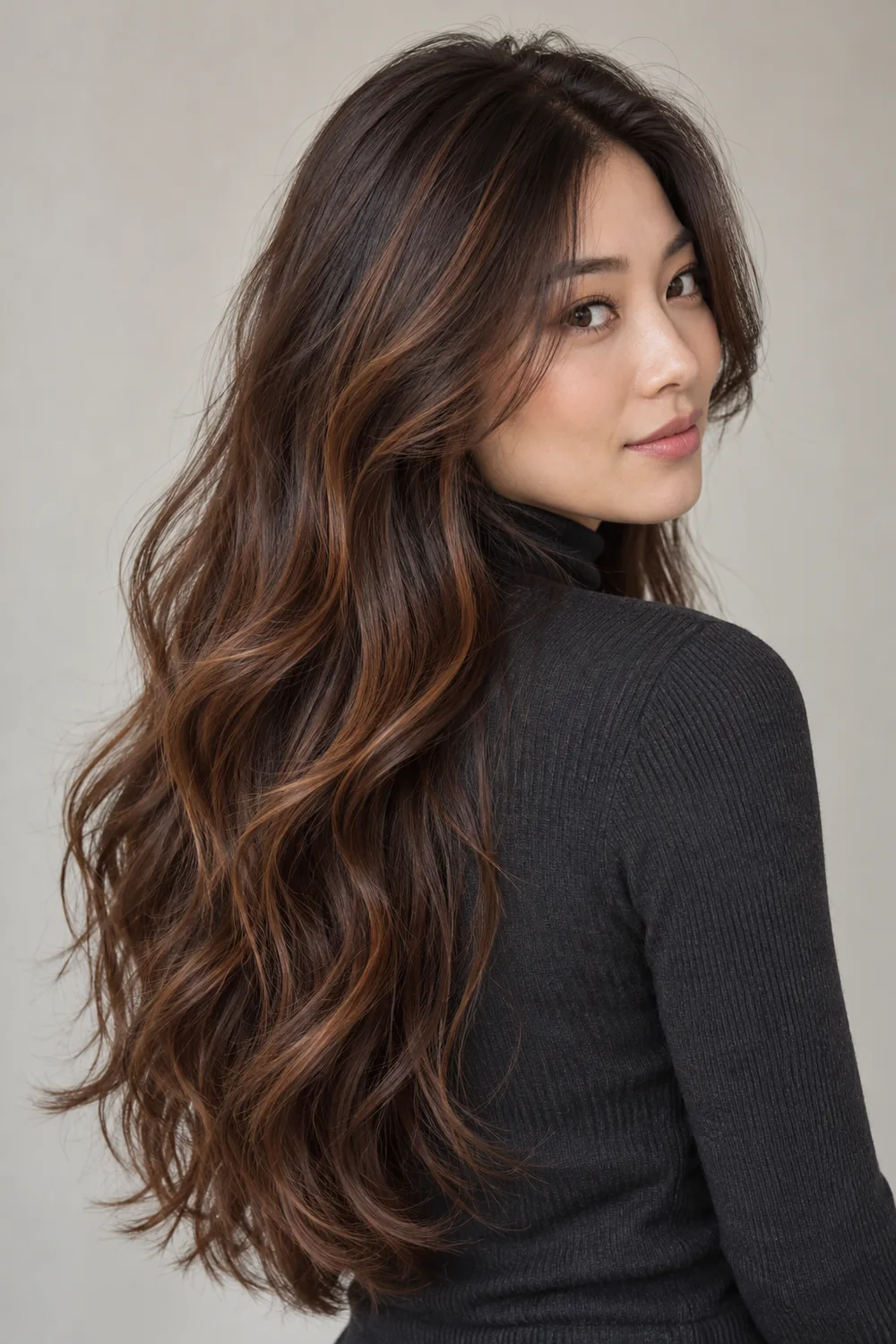 A woman with long, loose espresso brown waves and fine cinnamon-copper ribbons through the lengths and ends, shown in a three-quarter turn.