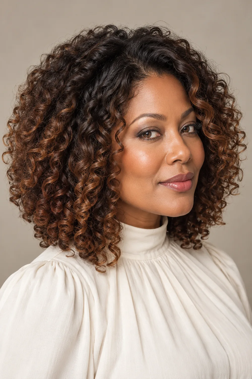 Adult Black woman in a three-quarter portrait with collarbone-length defined brunette curls accented by cinnamon auburn balayage, wearing a cream high-neck blouse.