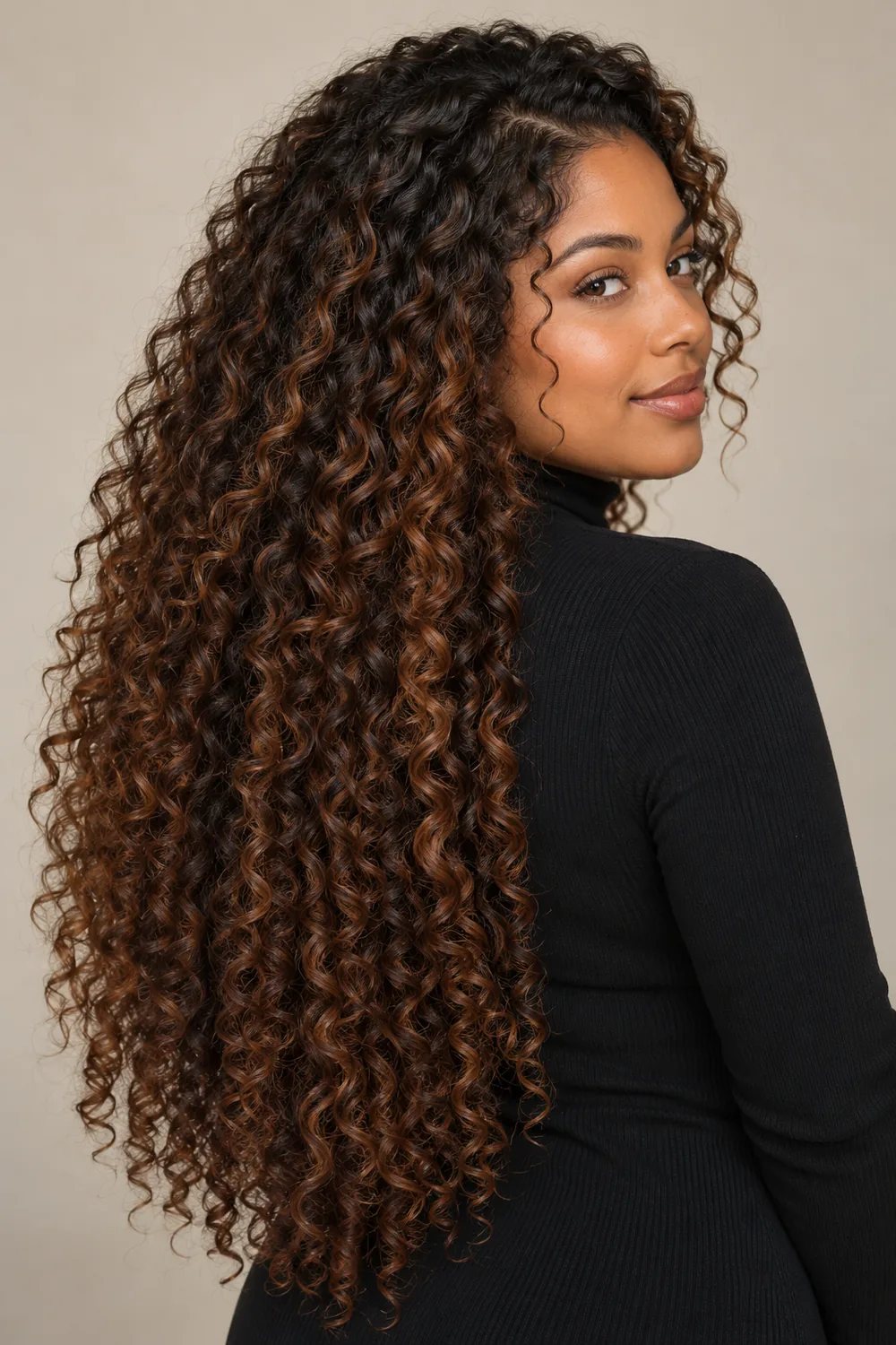 An adult woman looks over her shoulder, showing long dark brown curls with subtle cinnamon highlights and deeper brunette strands, framed against a neutral background.