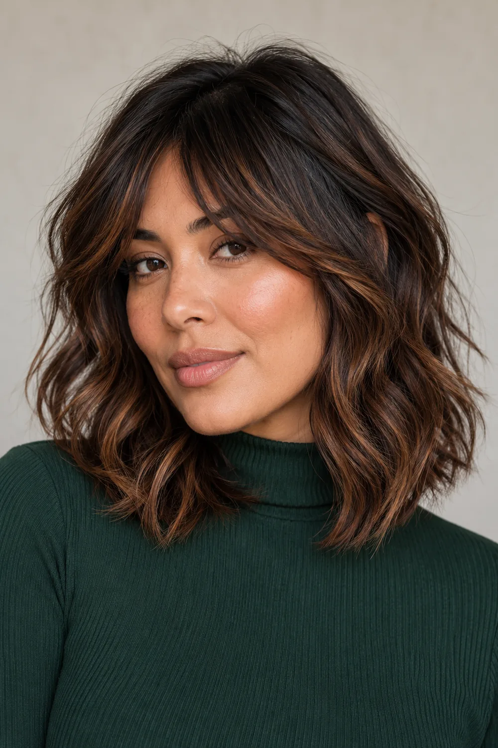 A woman with a wavy layered brunette shag and cinnamon balayage pieces through the fringe, crown and ends.