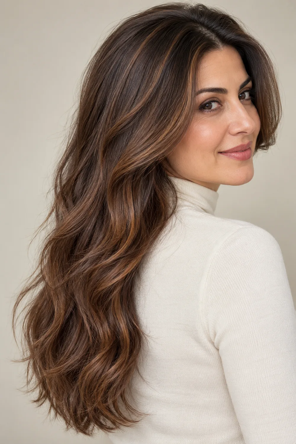 Long, loose brunette waves with subtle cinnamon brown ribbons woven through the mid-lengths and ends, shown in a three-quarter portrait.