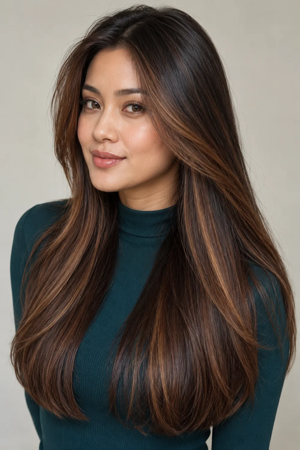 A woman with long deep brunette hair, cinnamon brown face-framing panels, and subtle warm strands through the lengths, wearing a dark teal high-neck top.