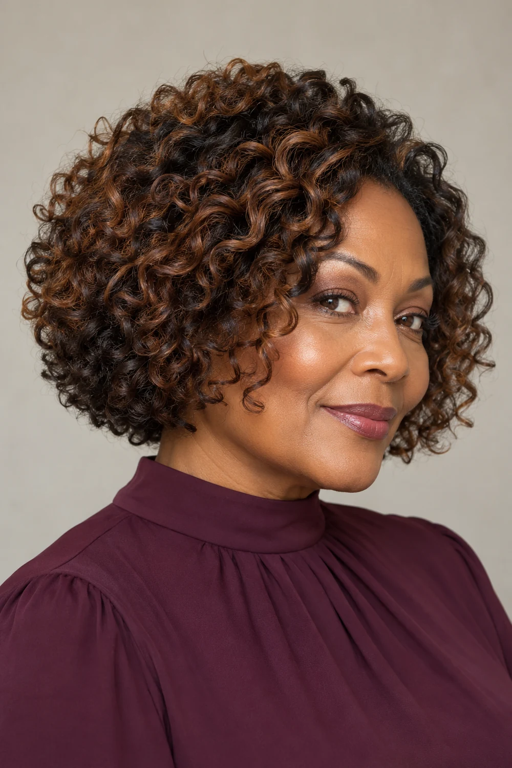 A woman with a rounded, chin-length brunette curly bob, with cinnamon highlights across the crown and outer curls, wearing a plum high-neck blouse.