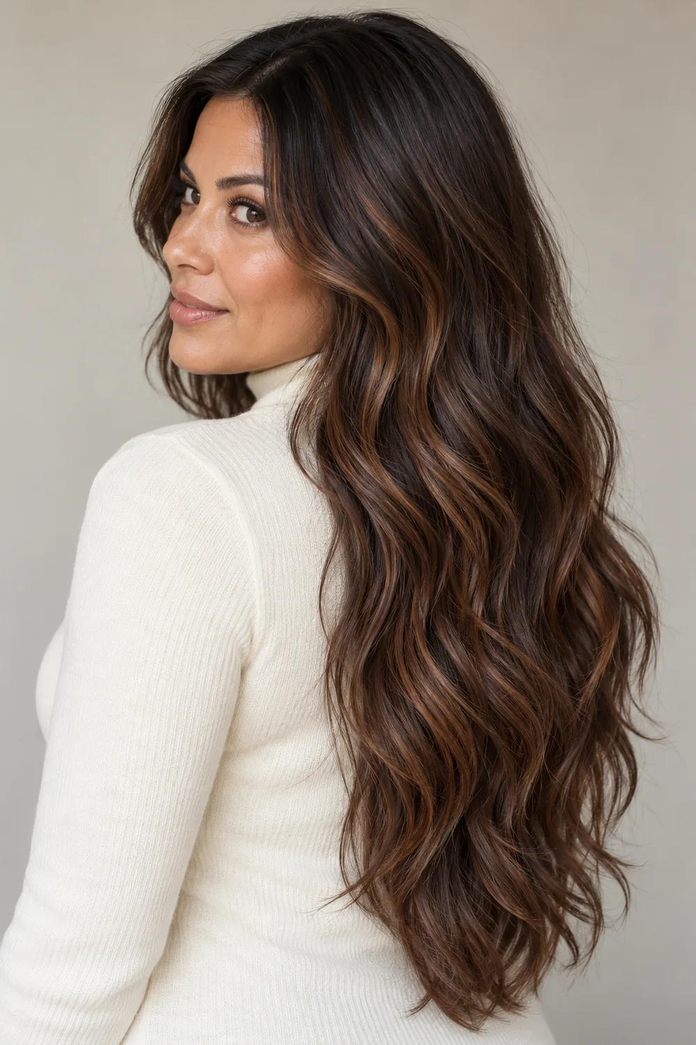 A woman in a cream high-neck sweater looks over her shoulder, showing long wavy dark brunette hair with subtle cinnamon brown ribbons from the face-framing layers through the ends.