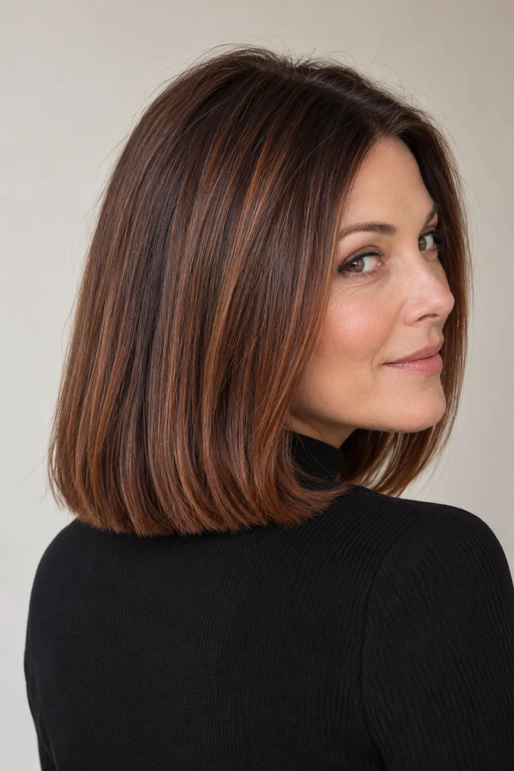 A woman with a blunt shoulder-length brunette bob, subtly warmed with cinnamon tones along the outer lengths and ends.