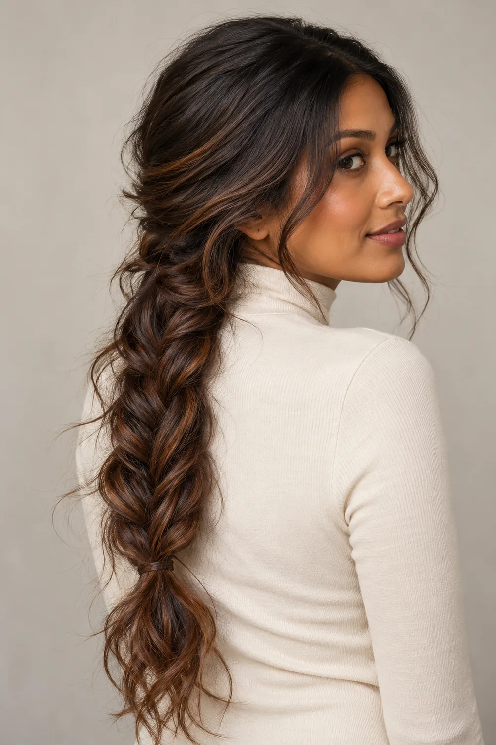 A woman in a cream high-neck top looks back over her shoulder, showing a long loose brunette braid with fine cinnamon highlights and warm dimensional strands.