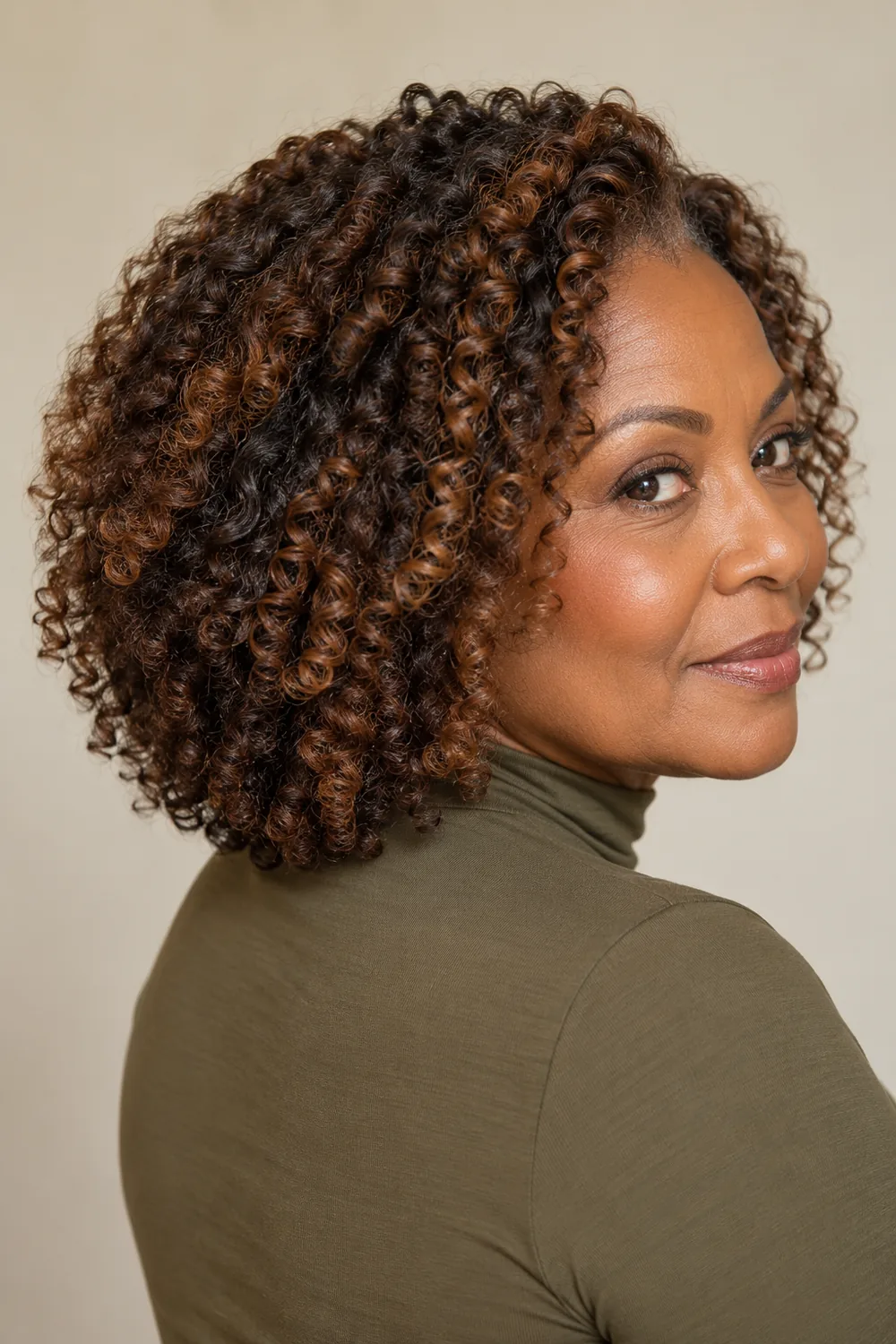 A mature woman in an olive high-neck top looks over her shoulder, showing rounded shoulder-length brunette coils accented with cinnamon ribbons and deeper roots.