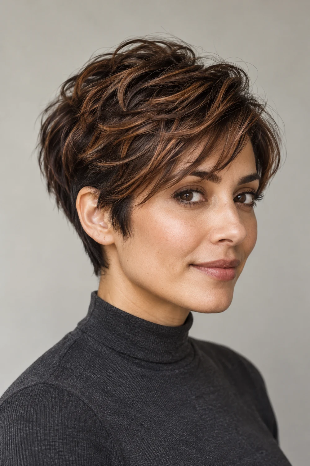 A woman in a charcoal high-neck shirt wearing a short brunette pixie with a longer wavy top and fine cinnamon brown highlights.
