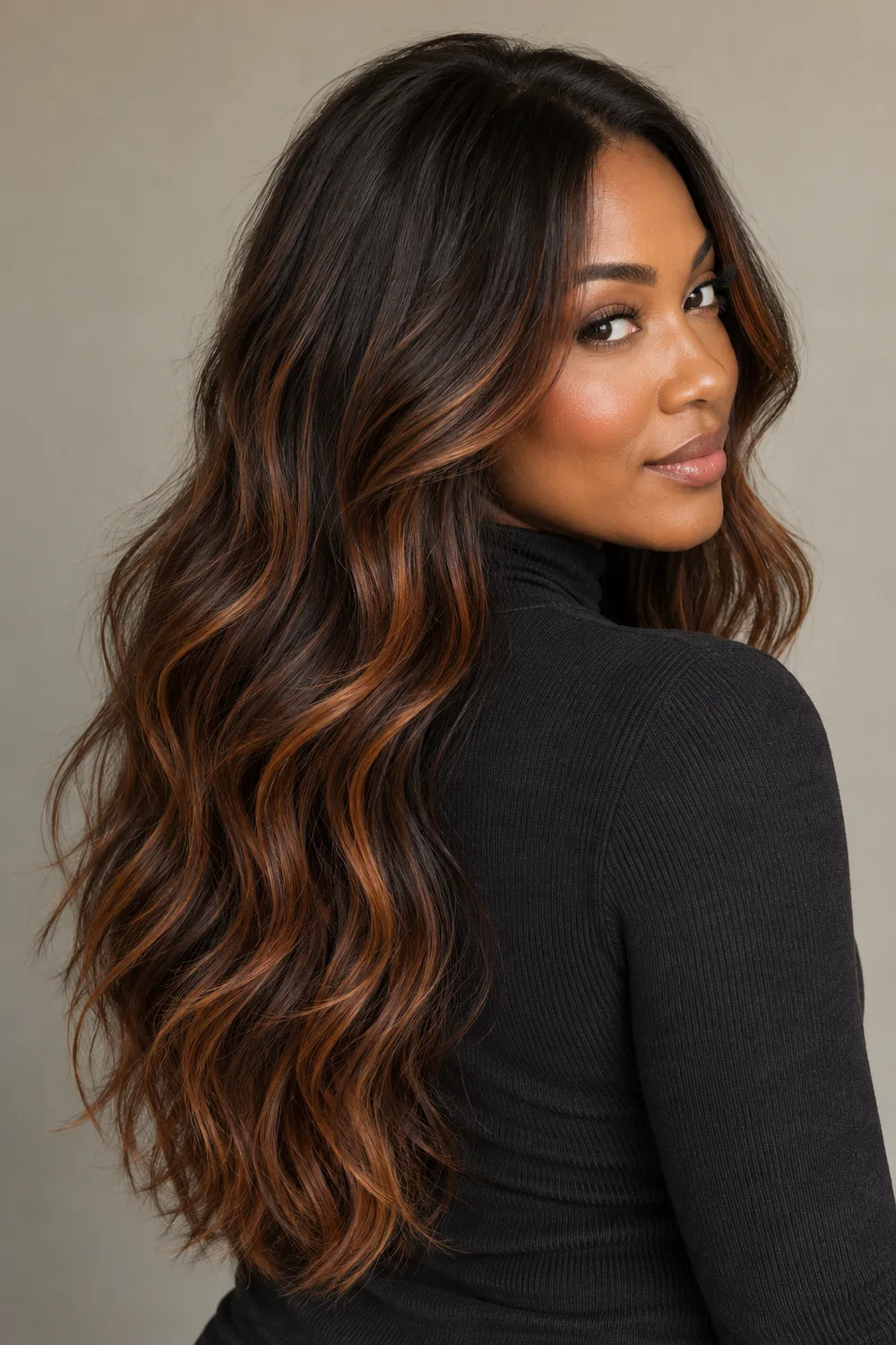 A woman in a charcoal high-neck top looks over her shoulder, showing long espresso-brown waves with cinnamon-copper balayage ribbons through the lengths and ends.