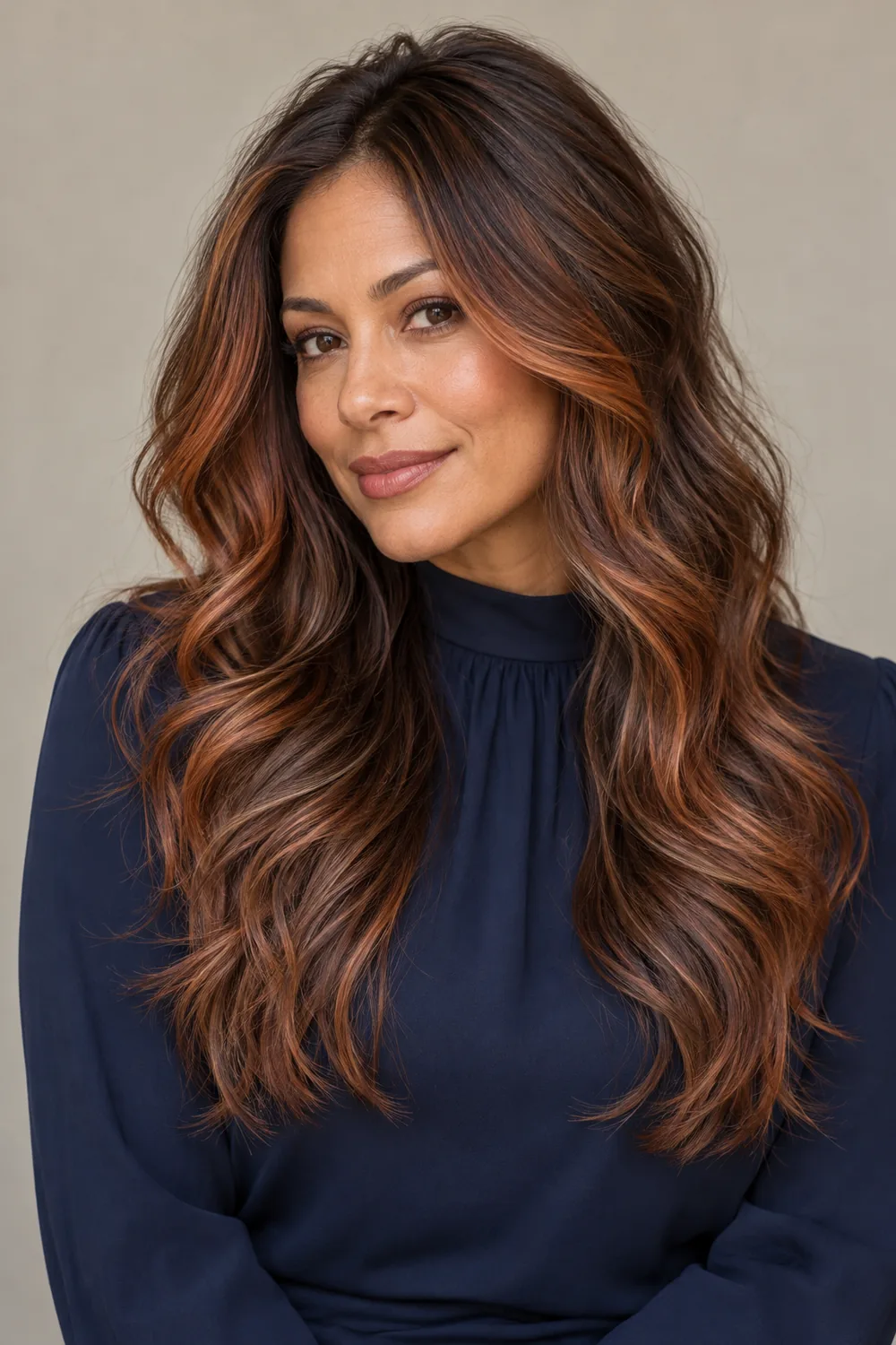 A woman with long, loose chestnut brown waves and copper face-framing ribbons, wearing a navy high-neck blouse against a neutral background.