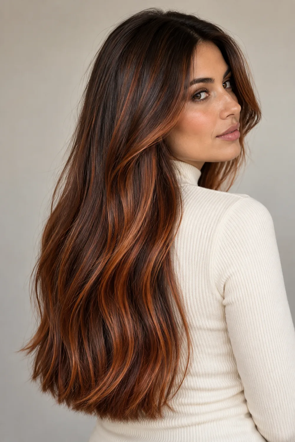 A woman with long, softly bent dark brown hair, accented by broad russet-copper ribbons that brighten toward the ends.