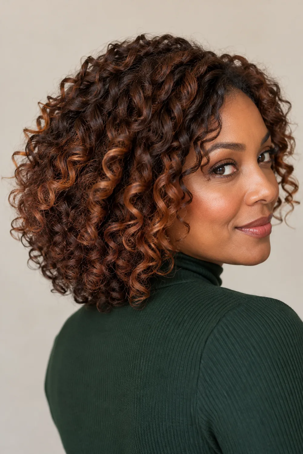 A woman with shoulder-length walnut-brown curls and softly swept copper accents on selected outer coils, viewed from behind at a three-quarter angle.