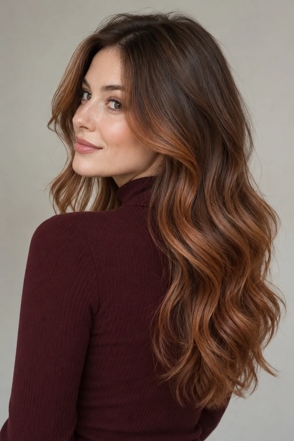 A woman with long, loose light brown waves and cinnamon-copper balayage through the mid-lengths and ends, wearing a burgundy high-neck top.