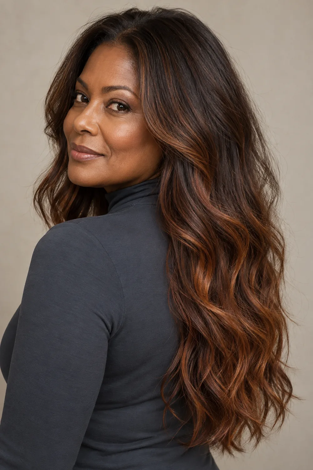 A woman with long, loose deep brown waves and auburn-copper ribbons concentrated through the lower lengths, wearing a slate high-neck top.