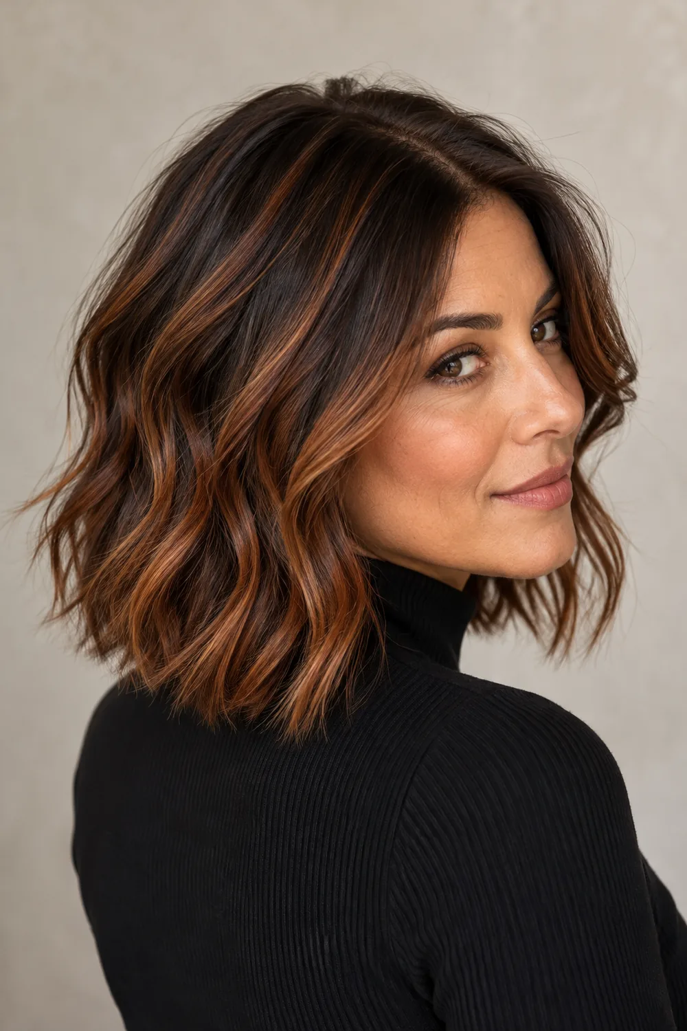 Adult woman in a black high-neck top, shown in three-quarter view with a collarbone-length dark brown wavy lob and softly blended copper ribbons.