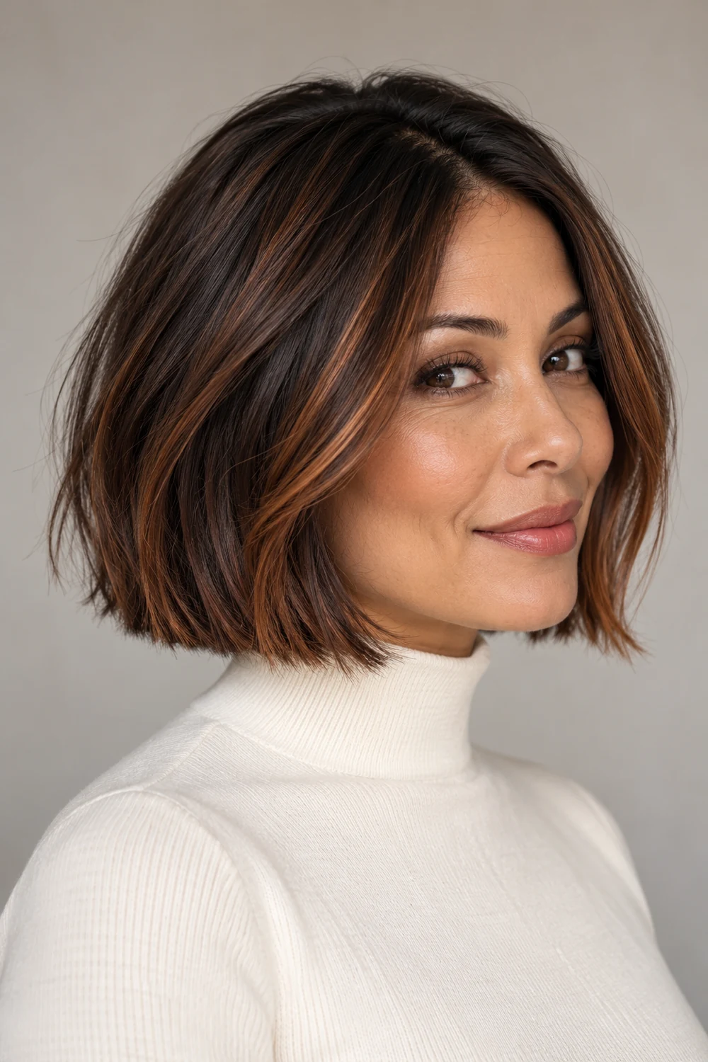 Adult woman in a three-quarter portrait with a jaw-length dark brown blunt bob and fine copper balayage ribbons through the front and ends.