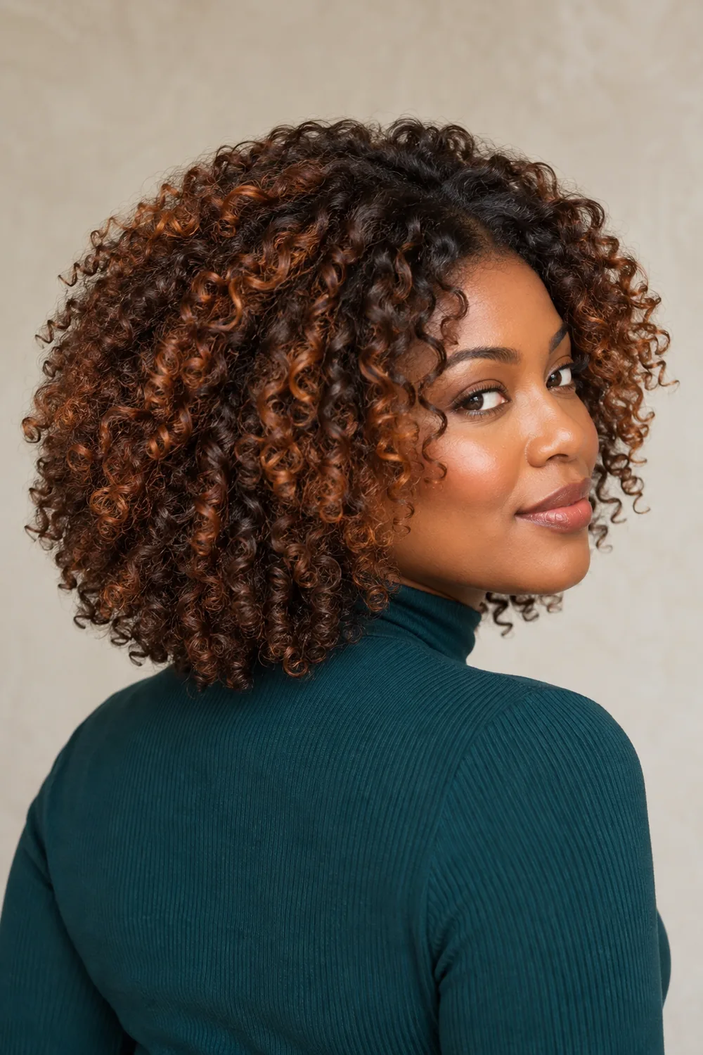 Adult woman in a deep teal high-neck top, shown in three-quarter view with rounded dark brown coils and scattered copper accents across the crown and mid-lengths.
