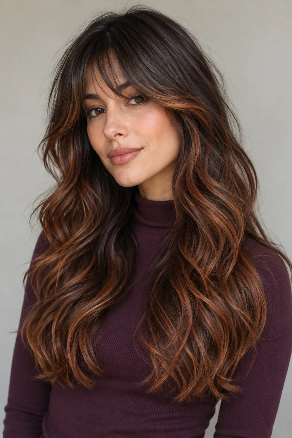 Adult woman with long dark chestnut waves, wispy fringe, and copper balayage ribbons against a light neutral background.