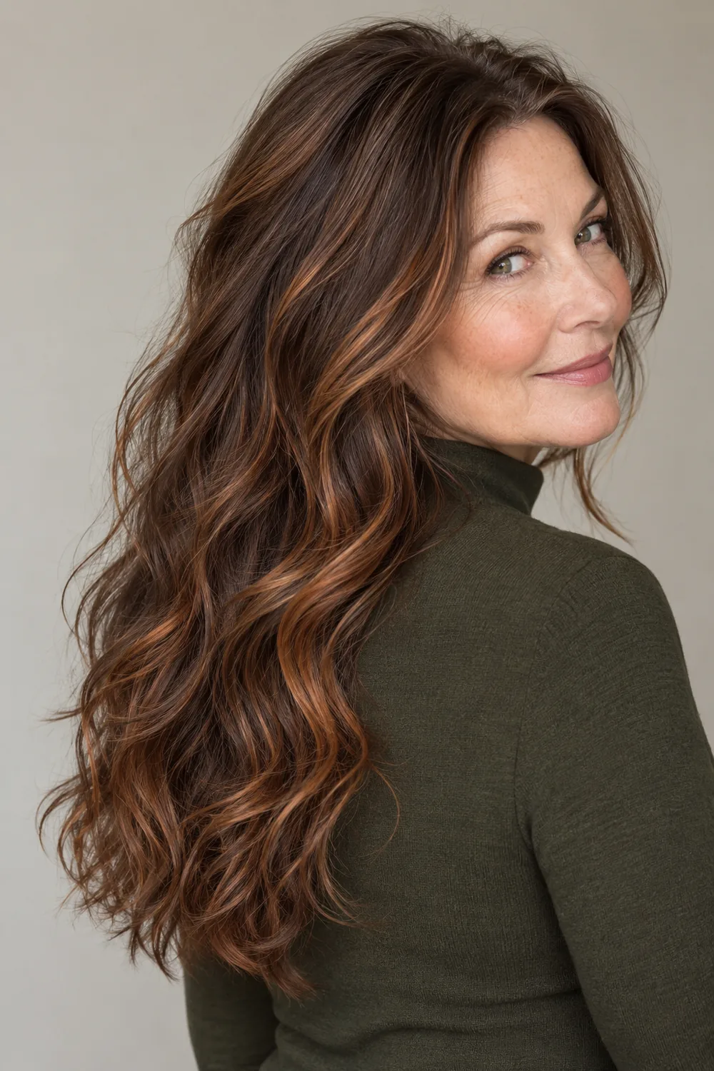 An adult woman with long, wavy medium-dark brown hair woven with fine copper ribbons, photographed in a slight turn wearing a moss high-neck top.