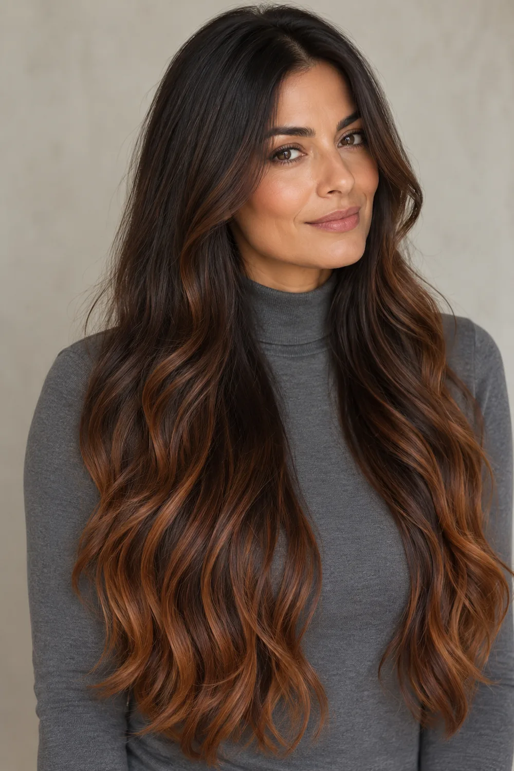 A woman with very long dark brown waves and warm copper balayage concentrated toward the lower lengths and ends.