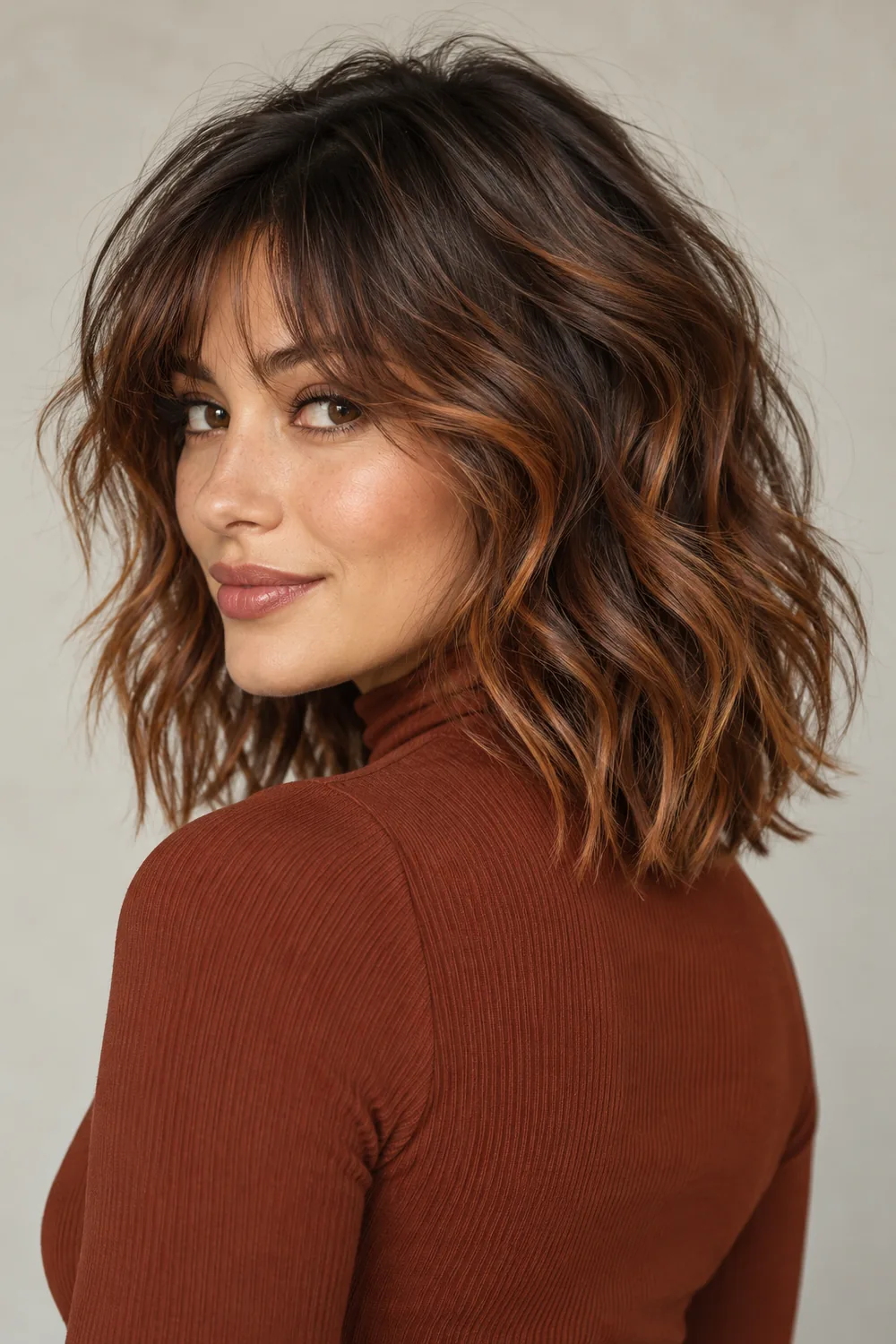 Adult woman in a rear three-quarter portrait with a tousled shoulder-length brown shag, airy fringe, and copper ribbons through the crown and ends.
