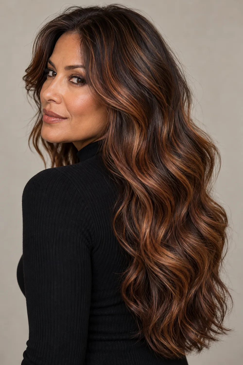 A woman with long, broad S-waves in medium-dark brown hair, accented by softly spaced copper ribbons and darker roots.