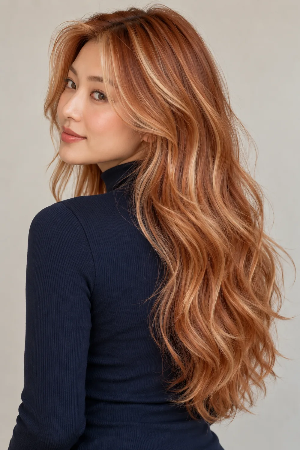 An adult East Asian woman in a navy high-neck top, shown in three-quarter view with long wavy light copper hair and fine blonde highlights around her face and through the lengths.
