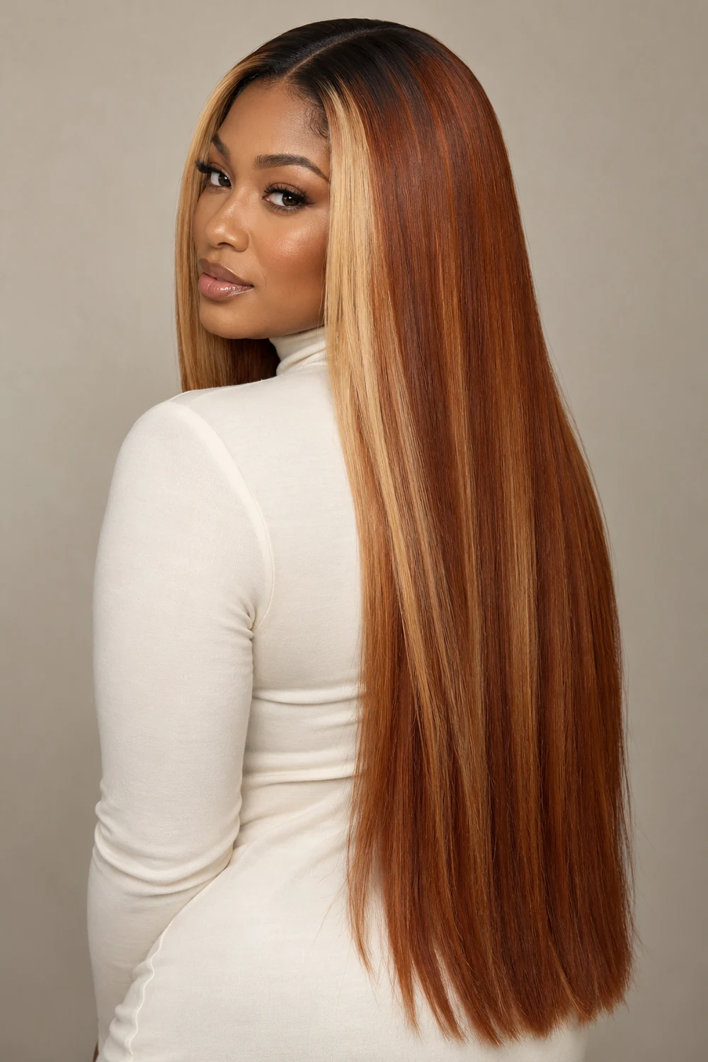 Long, straight deep copper hair with dark roots and broad golden blonde face-framing panels on a woman in a cream high-neck top.